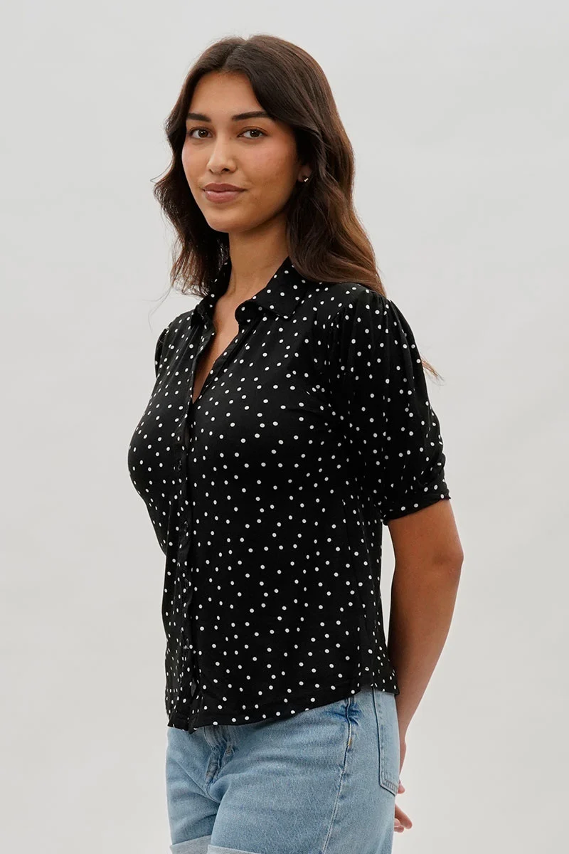Polka Dot Puffer Sleeve Blouse - Black - Image 2