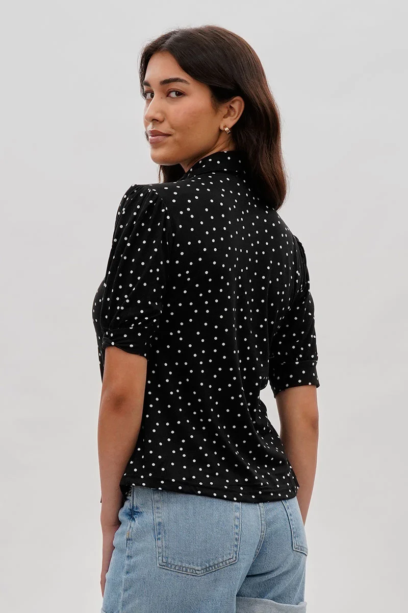 Polka Dot Puffer Sleeve Blouse - Black - Image 3