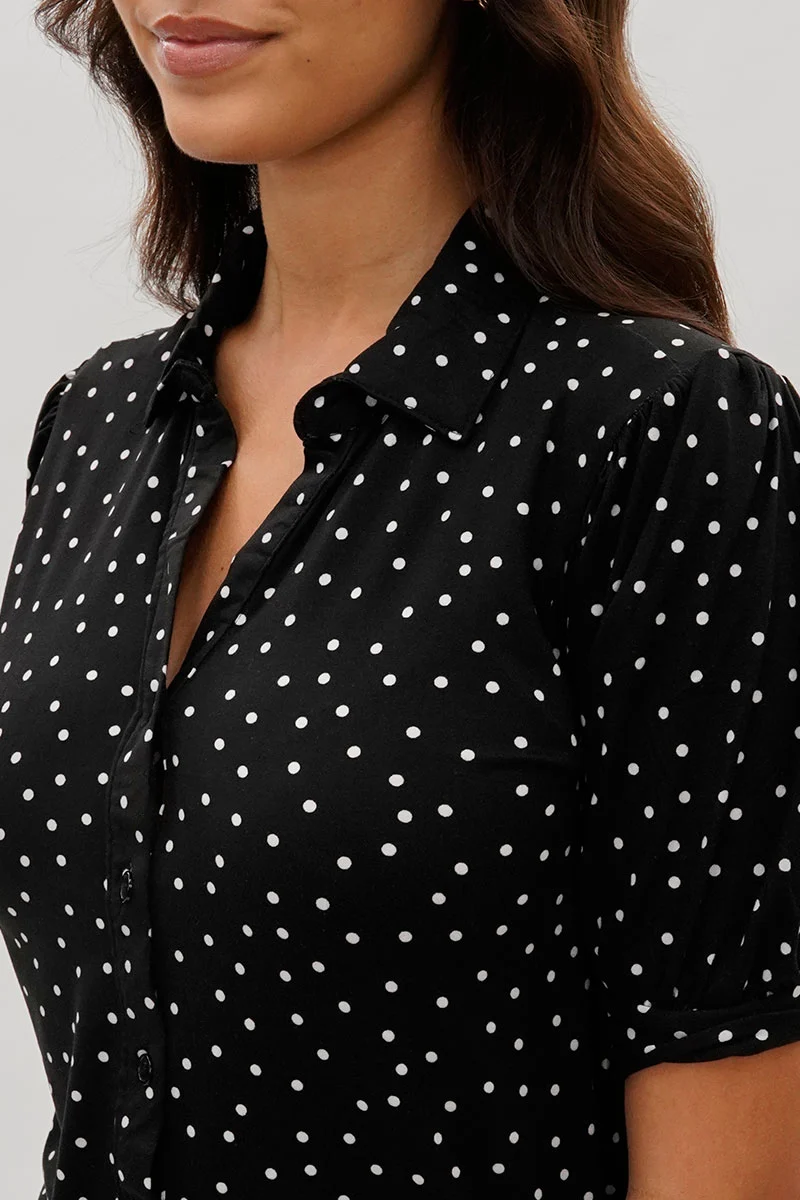 Polka Dot Puffer Sleeve Blouse - Black - Image 4