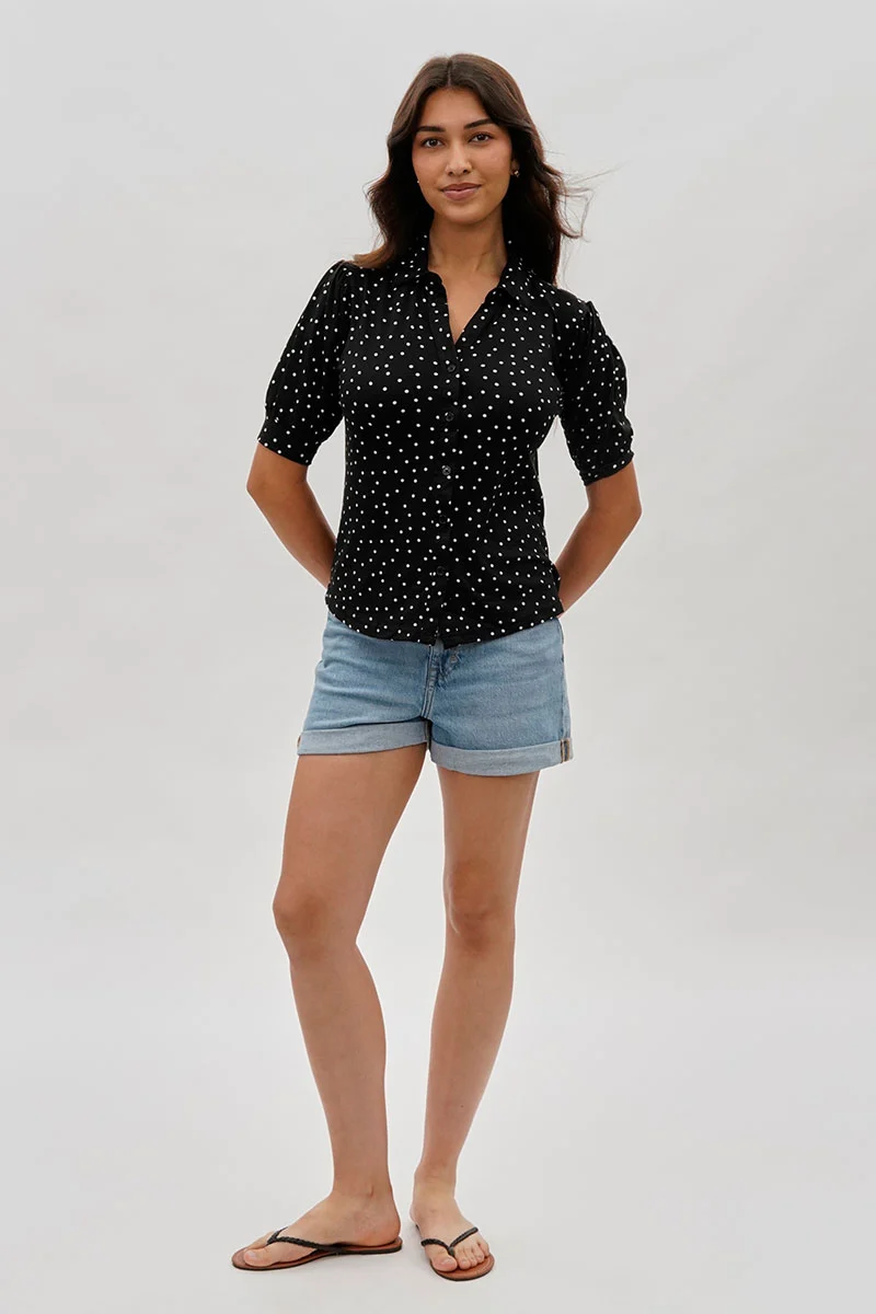Polka Dot Puffer Sleeve Blouse - Black - Image 5