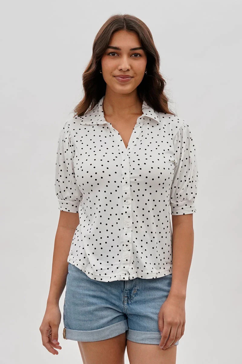 Polka Dot Puffer Sleeve Blouse - White