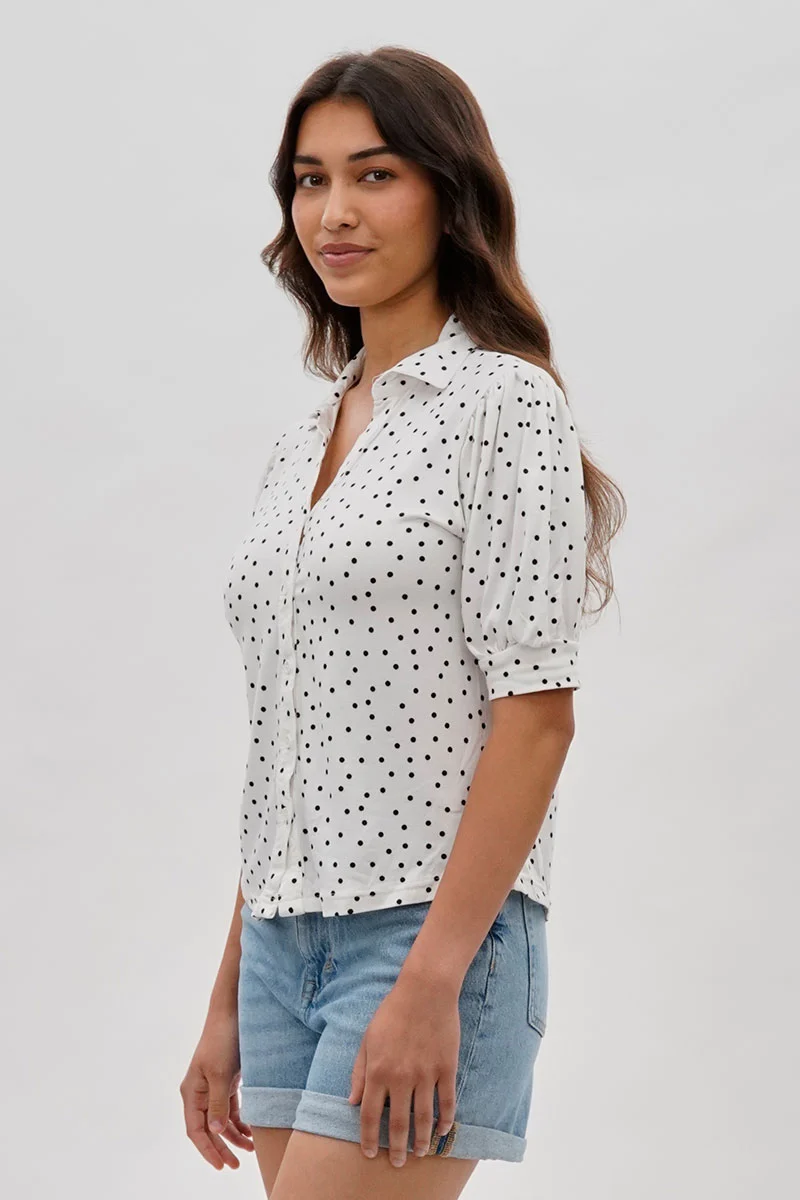 Polka Dot Puffer Sleeve Blouse - White - Image 2