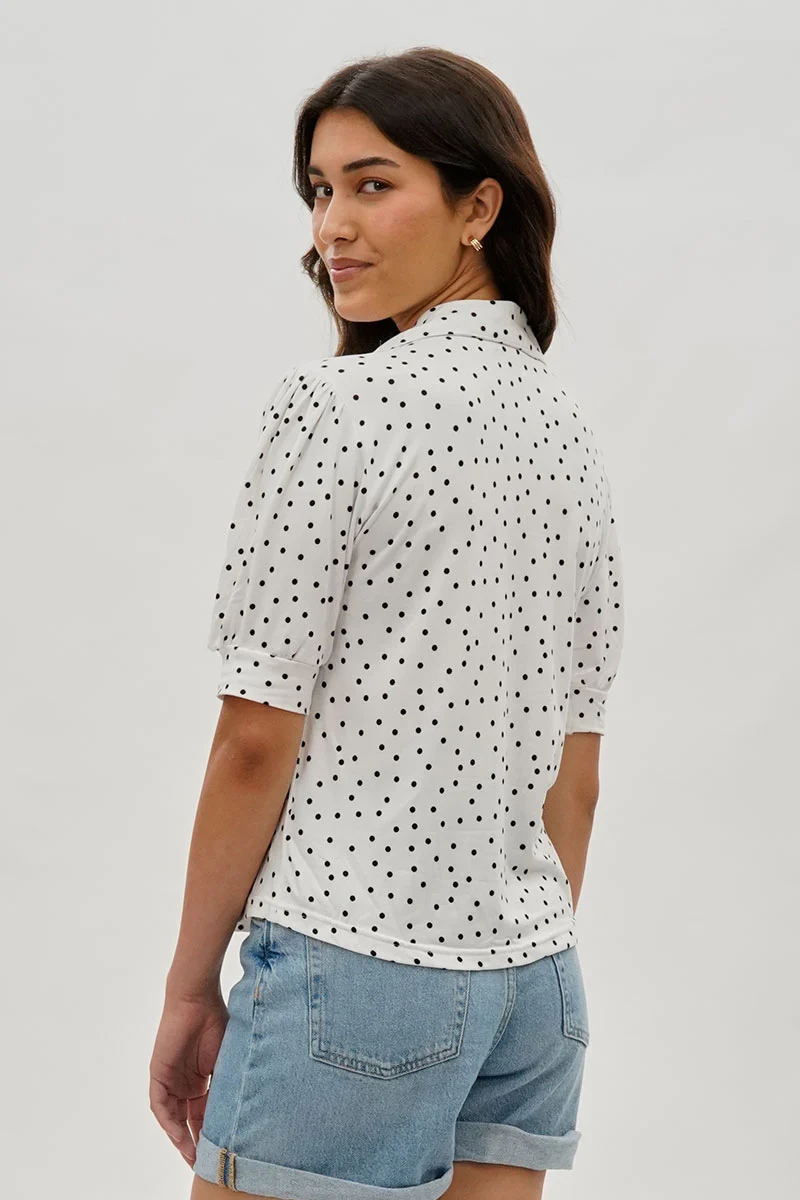 Polka Dot Puffer Sleeve Blouse - White - Image 3