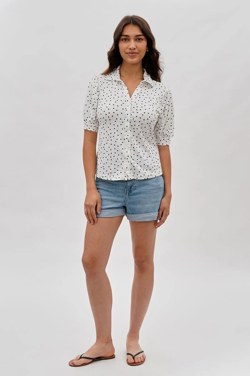 Polka Dot Puffer Sleeve Blouse - White - Image 5