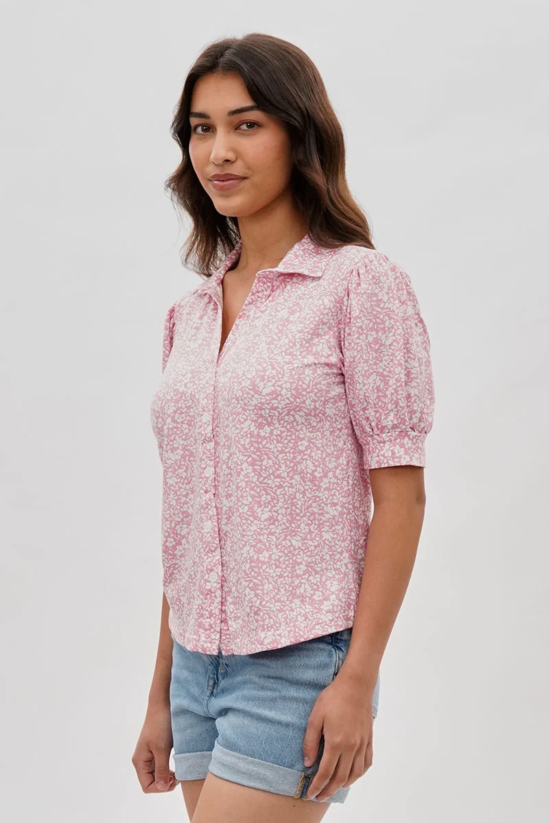 Floral Puffer Sleeve Blouse - Pink - Image 2
