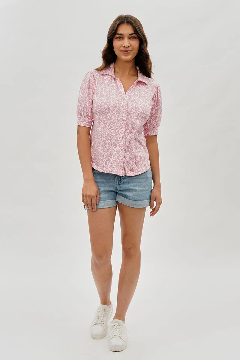 Floral Puffer Sleeve Blouse - Pink - Image 5