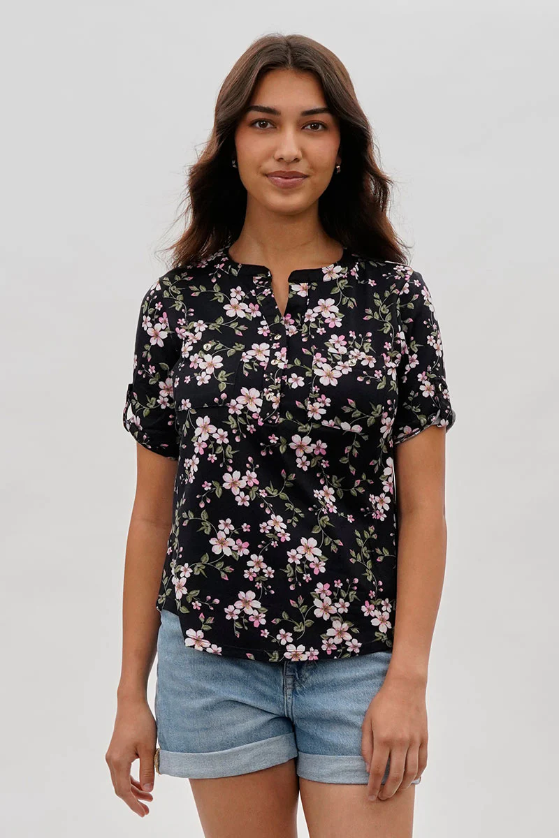 Floral Short Sleeve Blouse - Black