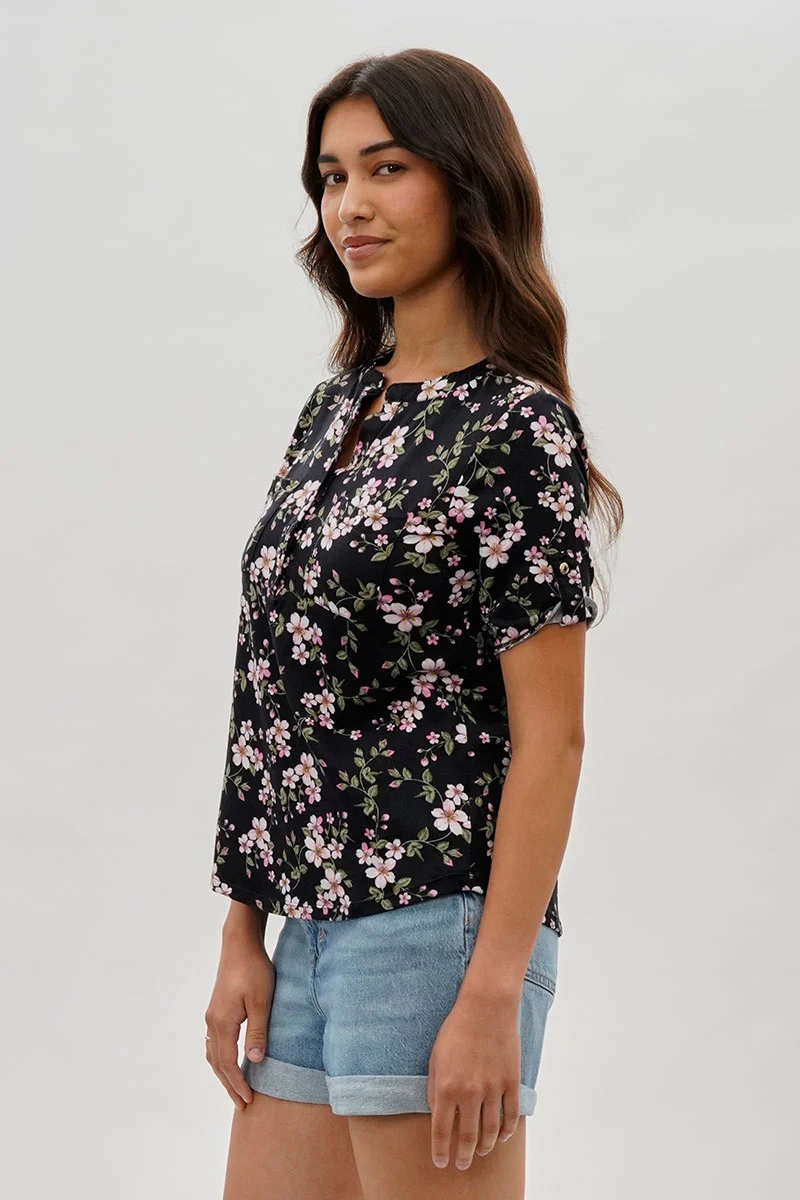 Floral Short Sleeve Blouse - Black - Image 2