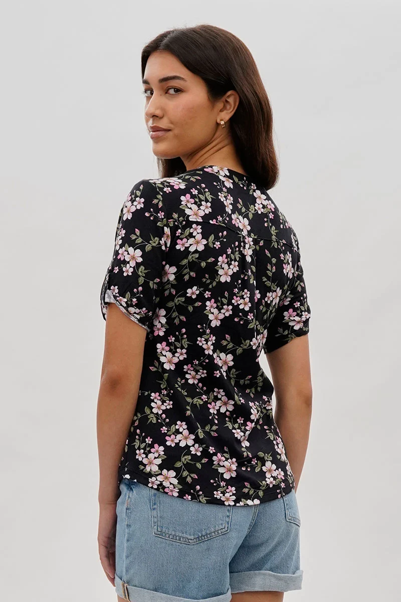 Floral Short Sleeve Blouse - Black - Image 3