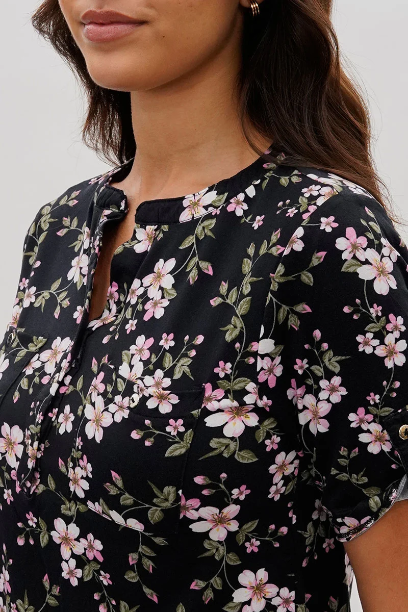 Floral Short Sleeve Blouse - Black - Image 4