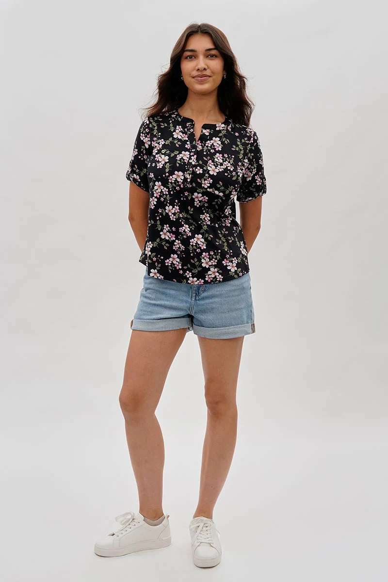 Floral Short Sleeve Blouse - Black - Image 5