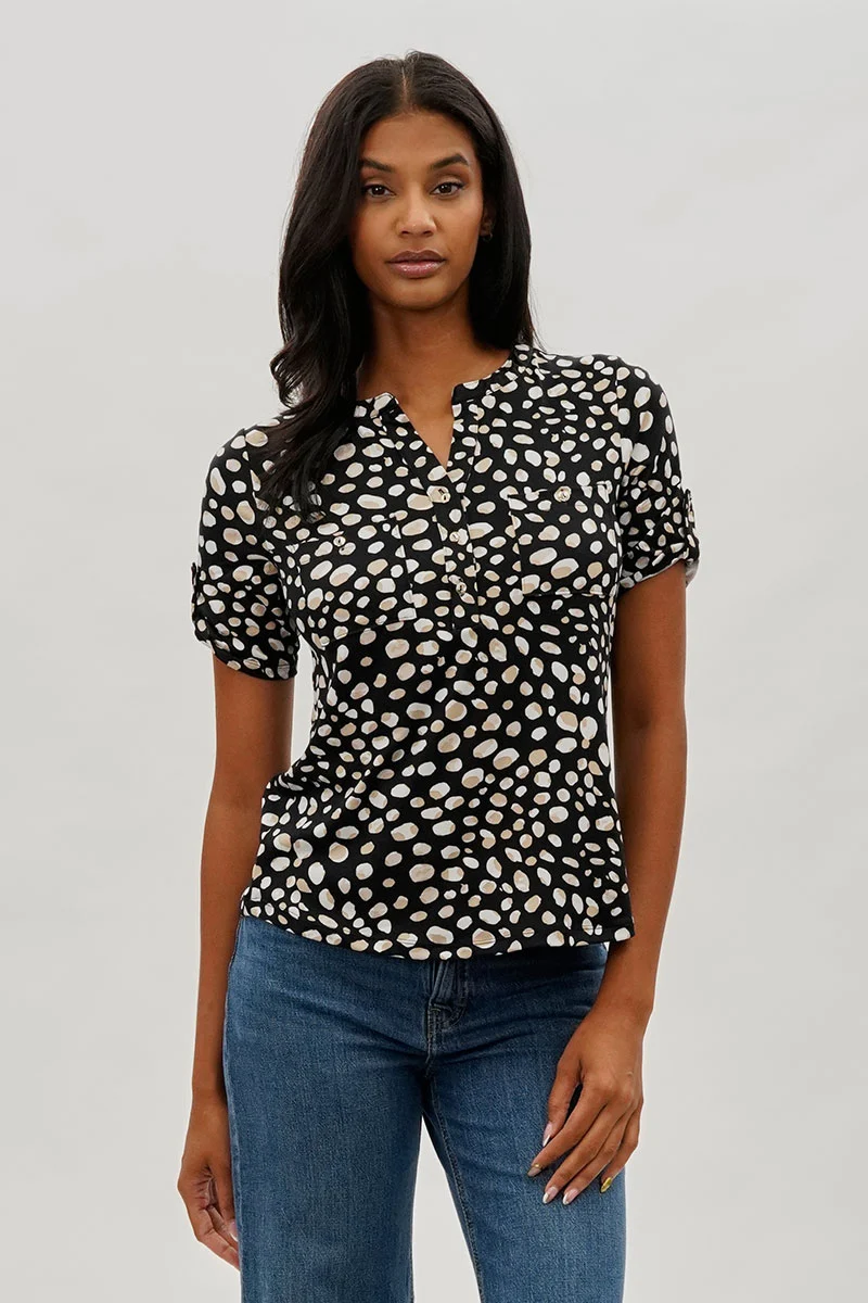 Patterned Short Sleeve Blouse - Black