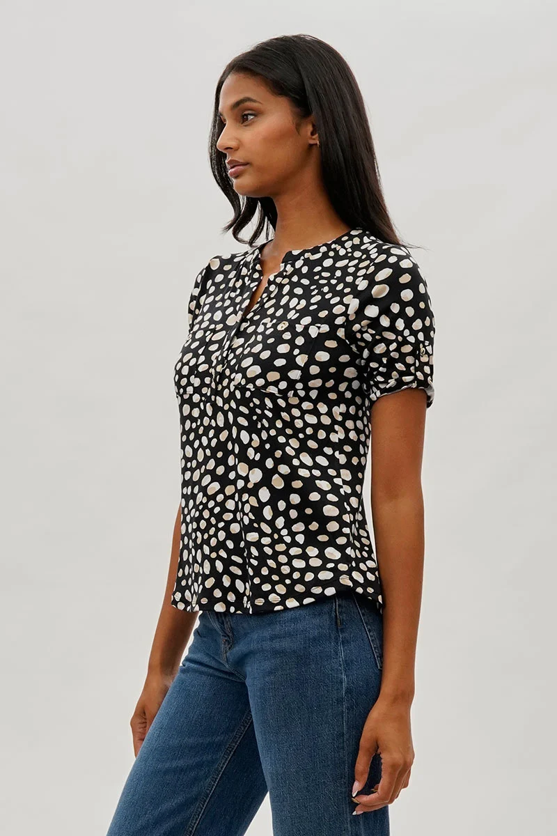 Patterned Short Sleeve Blouse - Black - Image 2