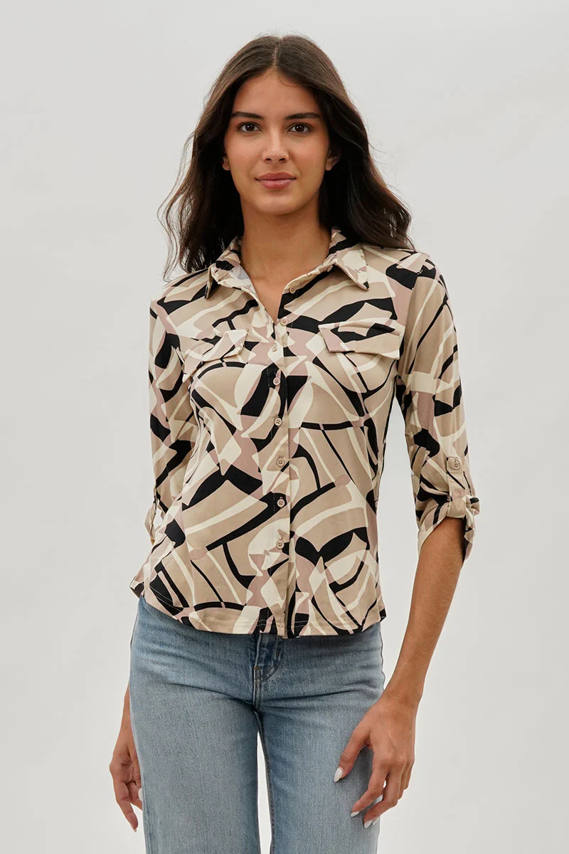 Patterned Button Up Shirt - Beige