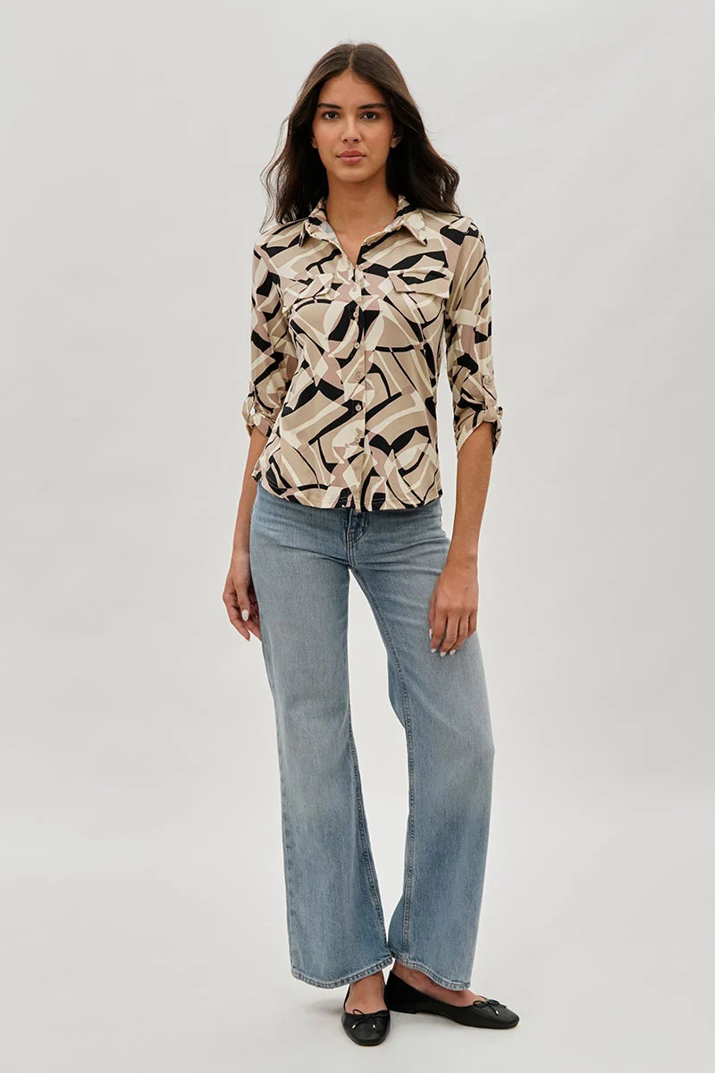 Patterned Button Up Shirt - Beige - Image 5