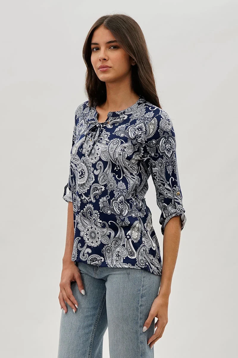 Paisley Print Lace Up Blouse - Navy - Image 2