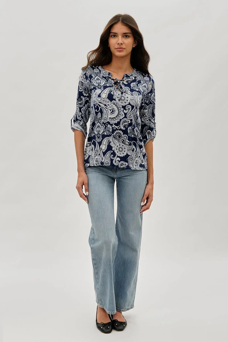 Paisley Print Lace Up Blouse - Navy - Image 5