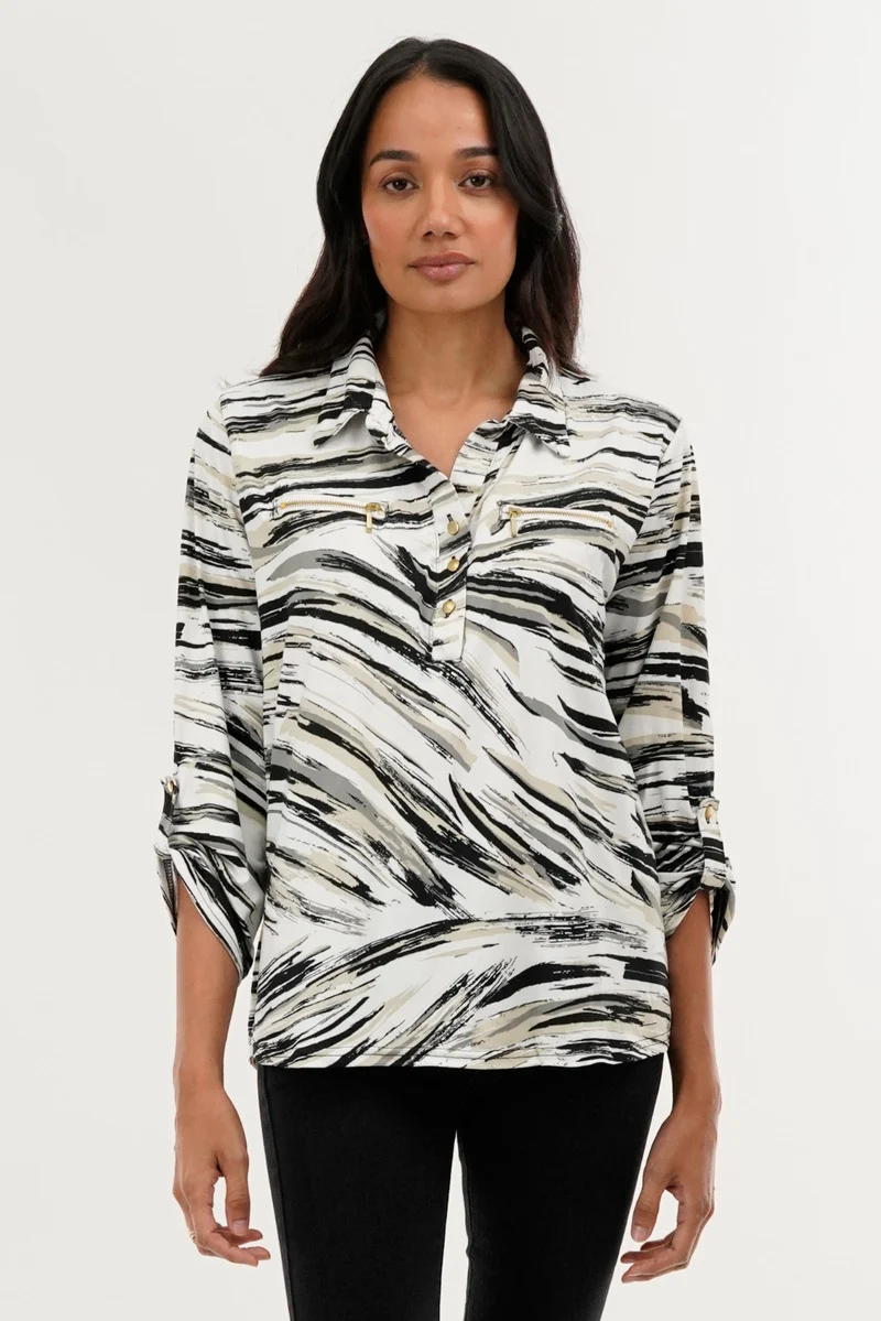Patterned Roll Up Sleeve Blouse - White