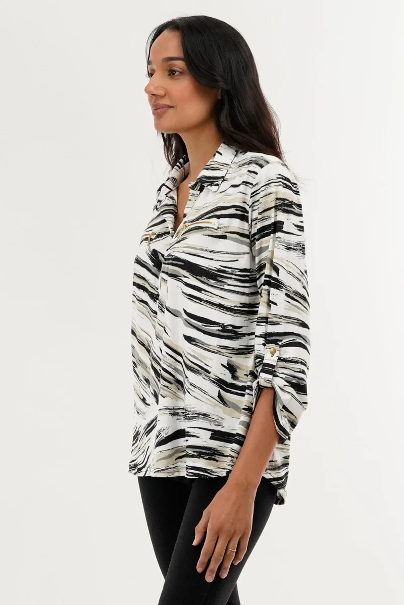Patterned Roll Up Sleeve Blouse - White - Image 2
