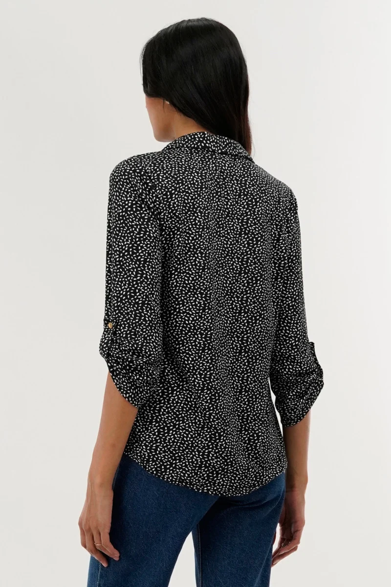 Patterned Roll Up Sleeve Blouse - Black - Image 3