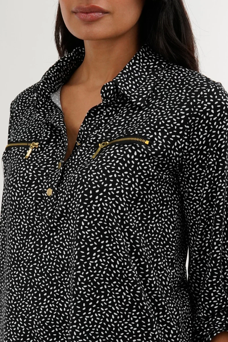 Patterned Roll Up Sleeve Blouse - Black - Image 4