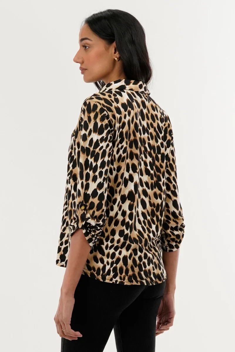 Leopard Print Roll Up Sleeve Blouse - Beige - Image 3