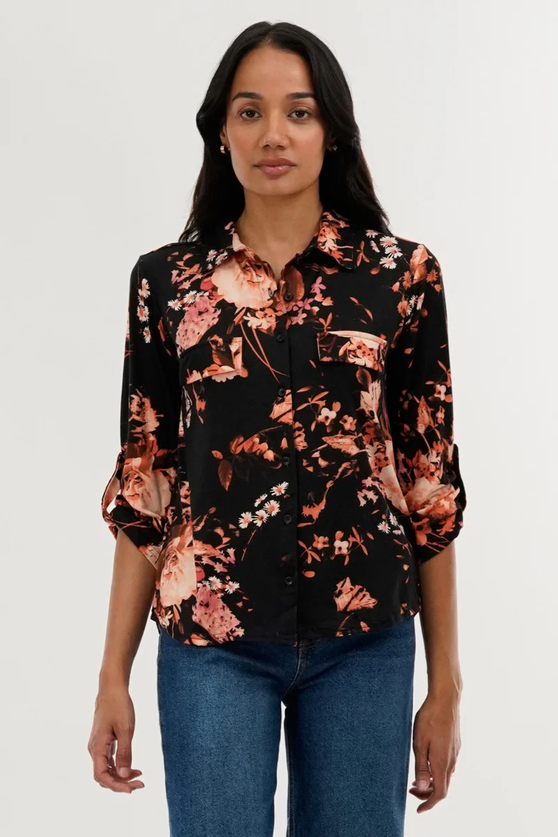 Floral Button Down Shirt - Black