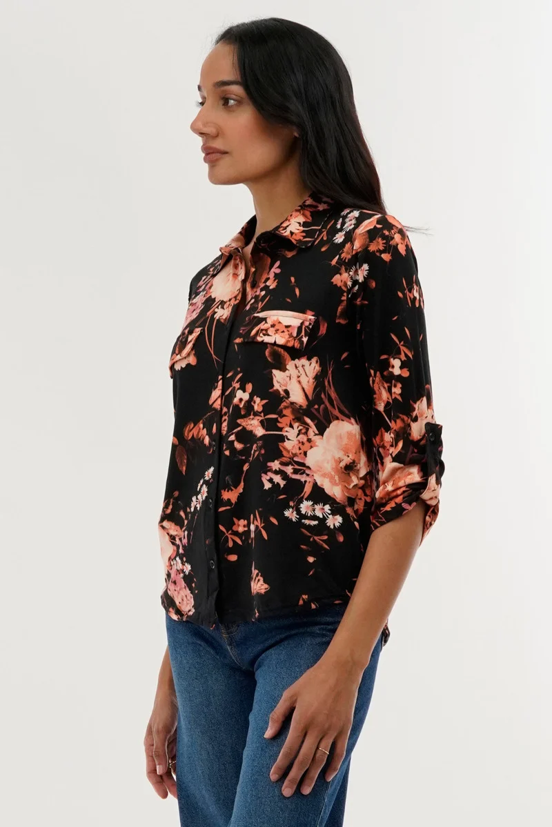 Floral Button Down Shirt - Black - Image 2
