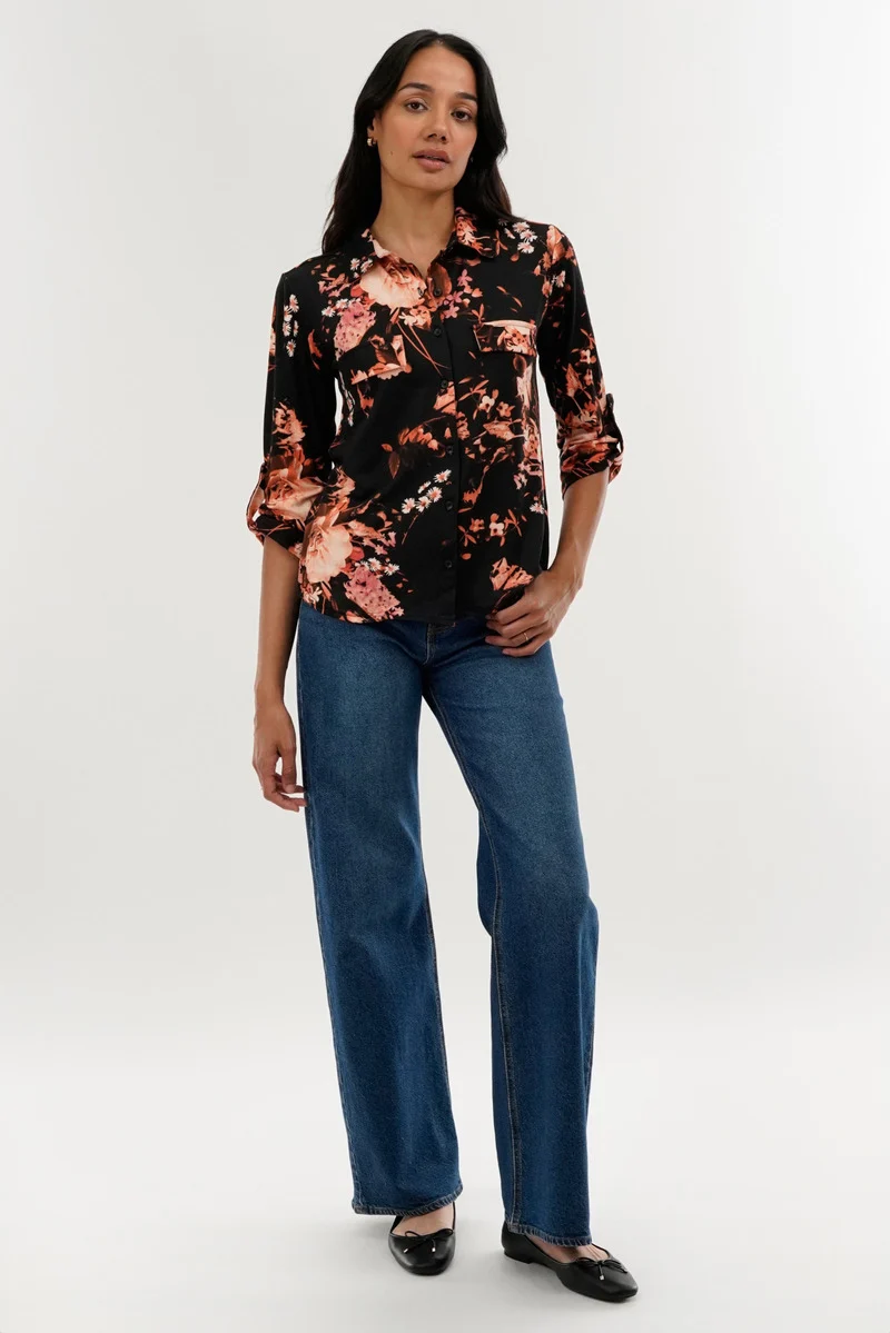 Floral Button Down Shirt - Black - Image 5
