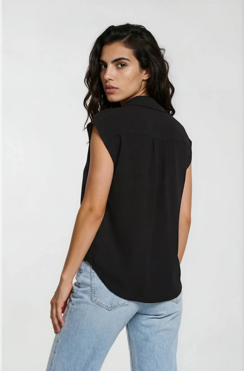 Cap Sleeve Button Down Shirt - Black - Image 2