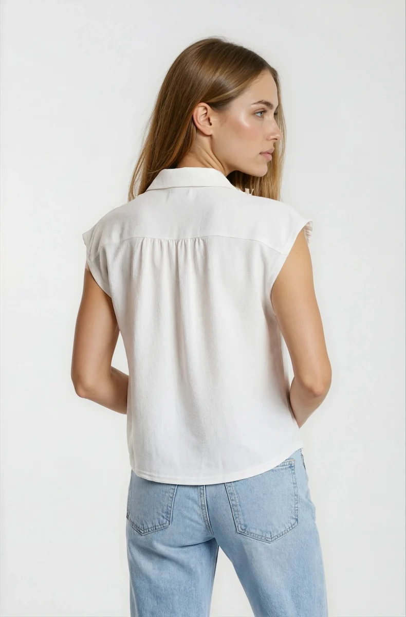 Cap Sleeve Button Down Shirt - White - Image 2