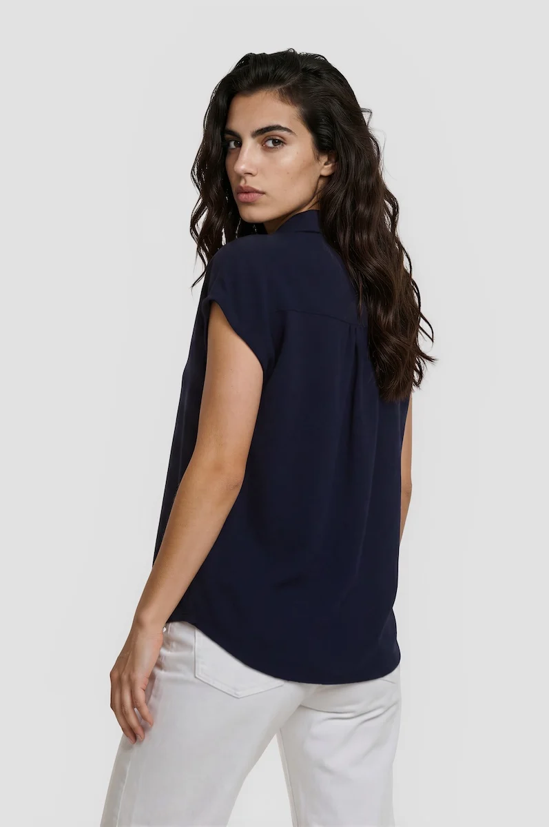 Cap Sleeve Button Down Shirt - Navy - Image 2