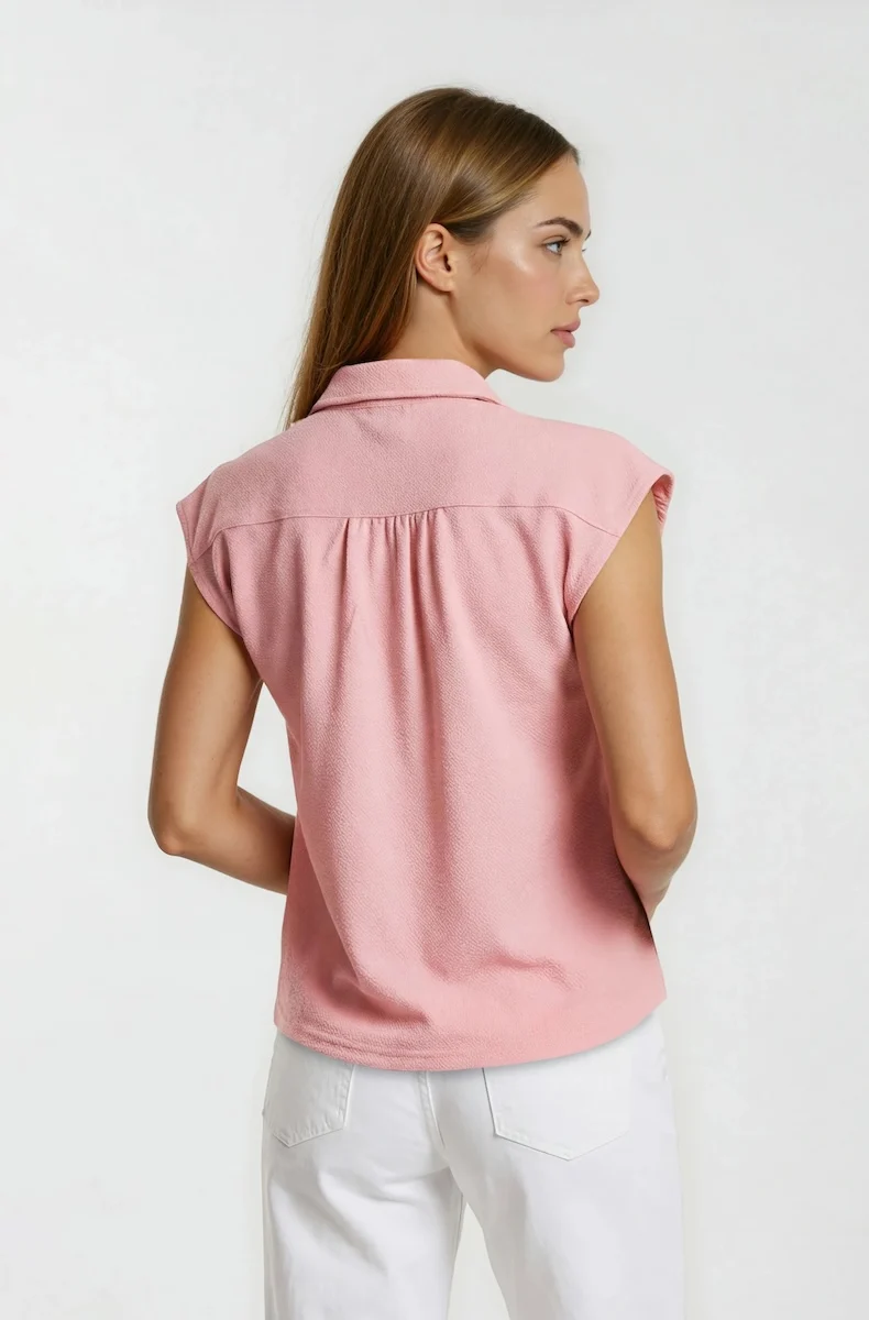 Cap Sleeve Button Down Shirt - Pink - Image 2