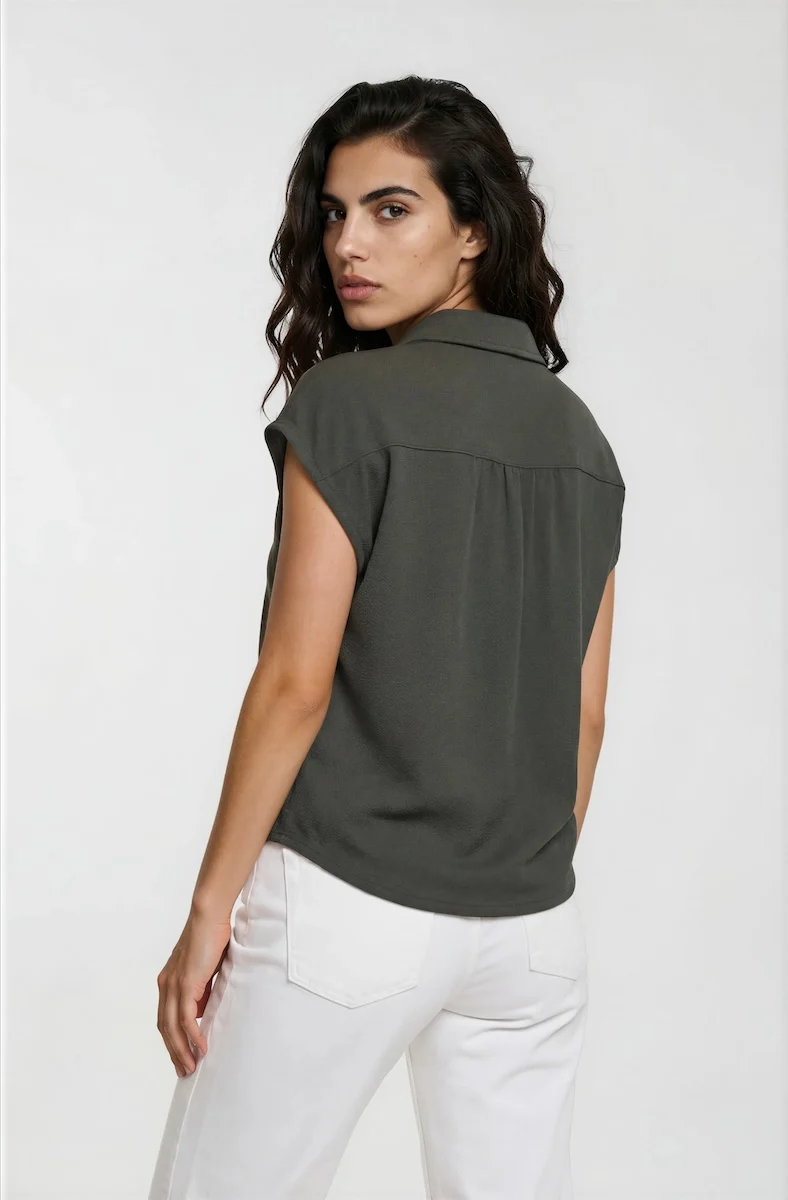 Cap Sleeve Button Down Shirt - Green - Image 2