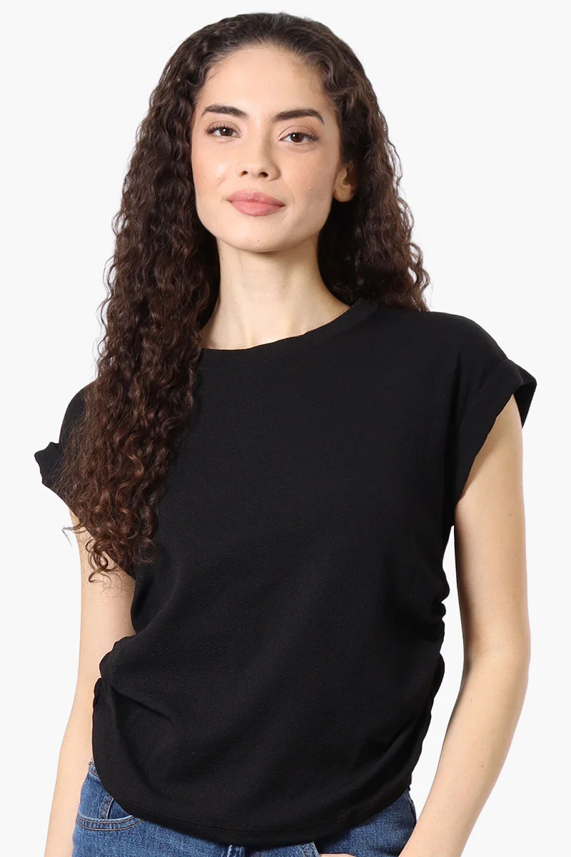 Short Sleeve Side Ruching Blouse - Black