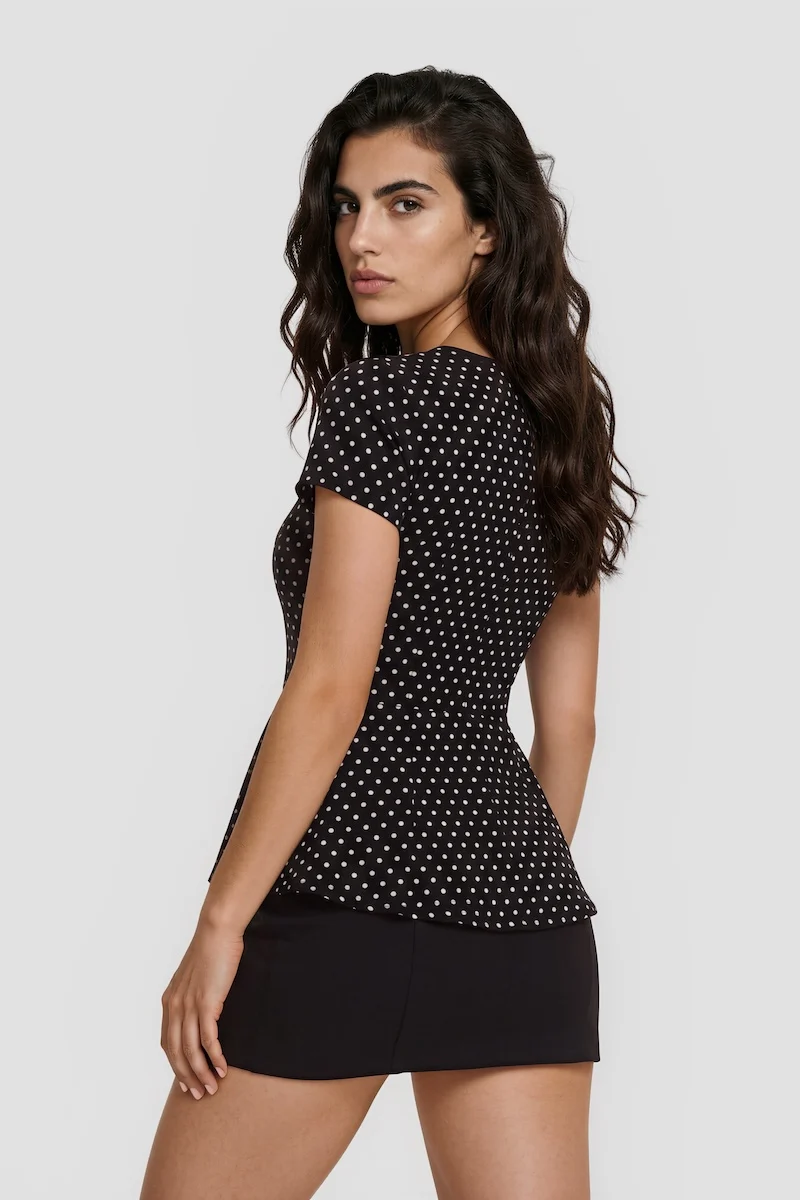 Short Sleeve Cinched Waist Printed Shirt - Black - Image 2
