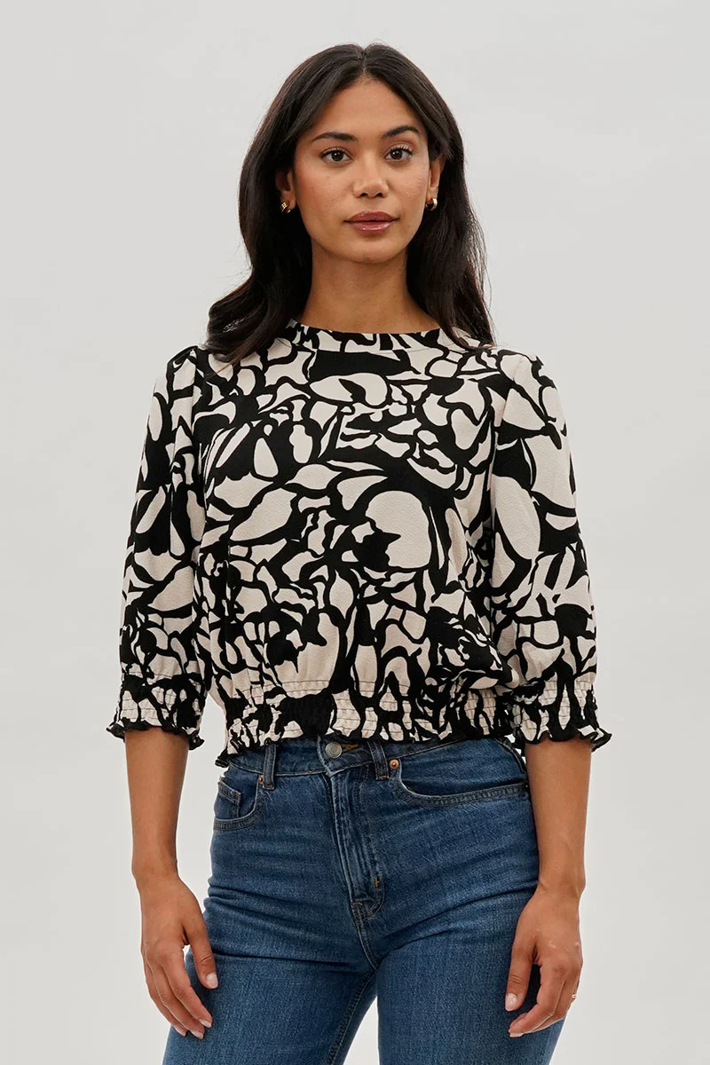 Printed Smocked Hem Blouse - Black