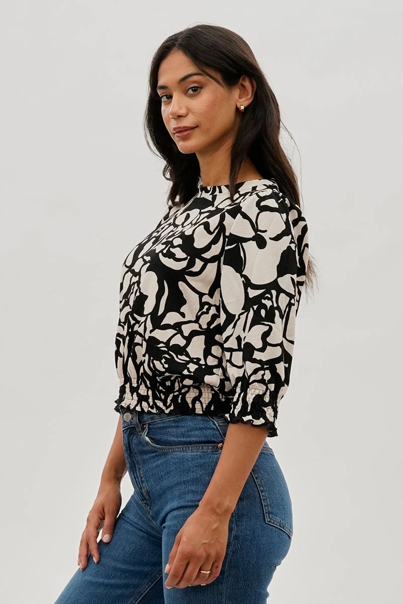 Printed Smocked Hem Blouse - Black - Image 2