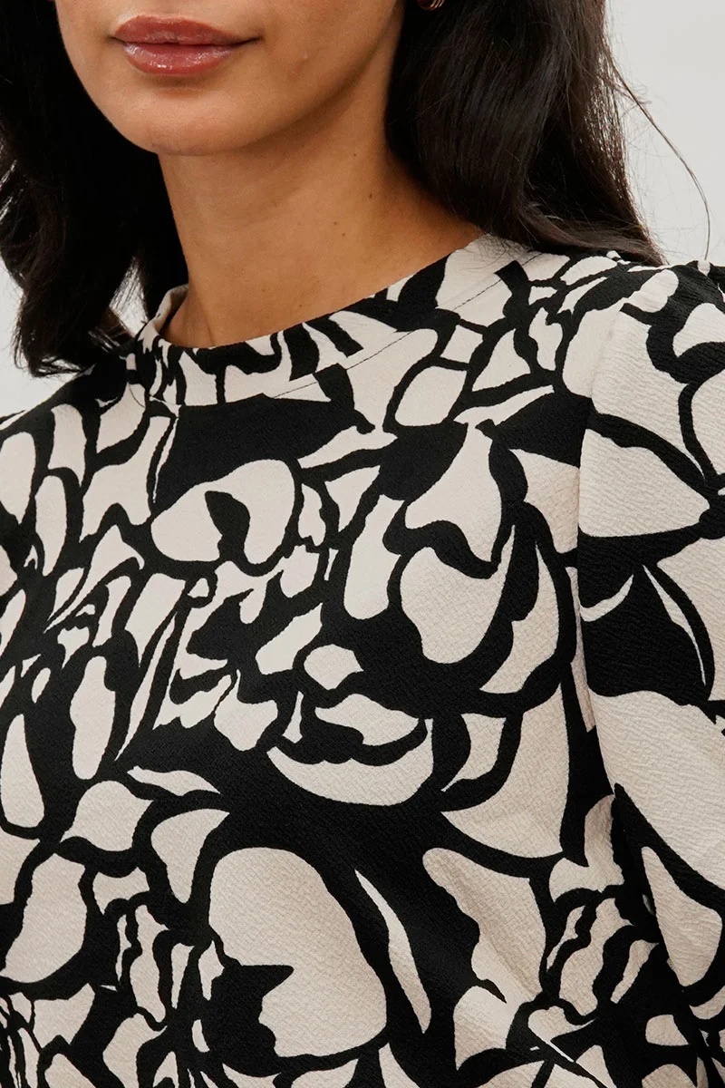 Printed Smocked Hem Blouse - Black - Image 4