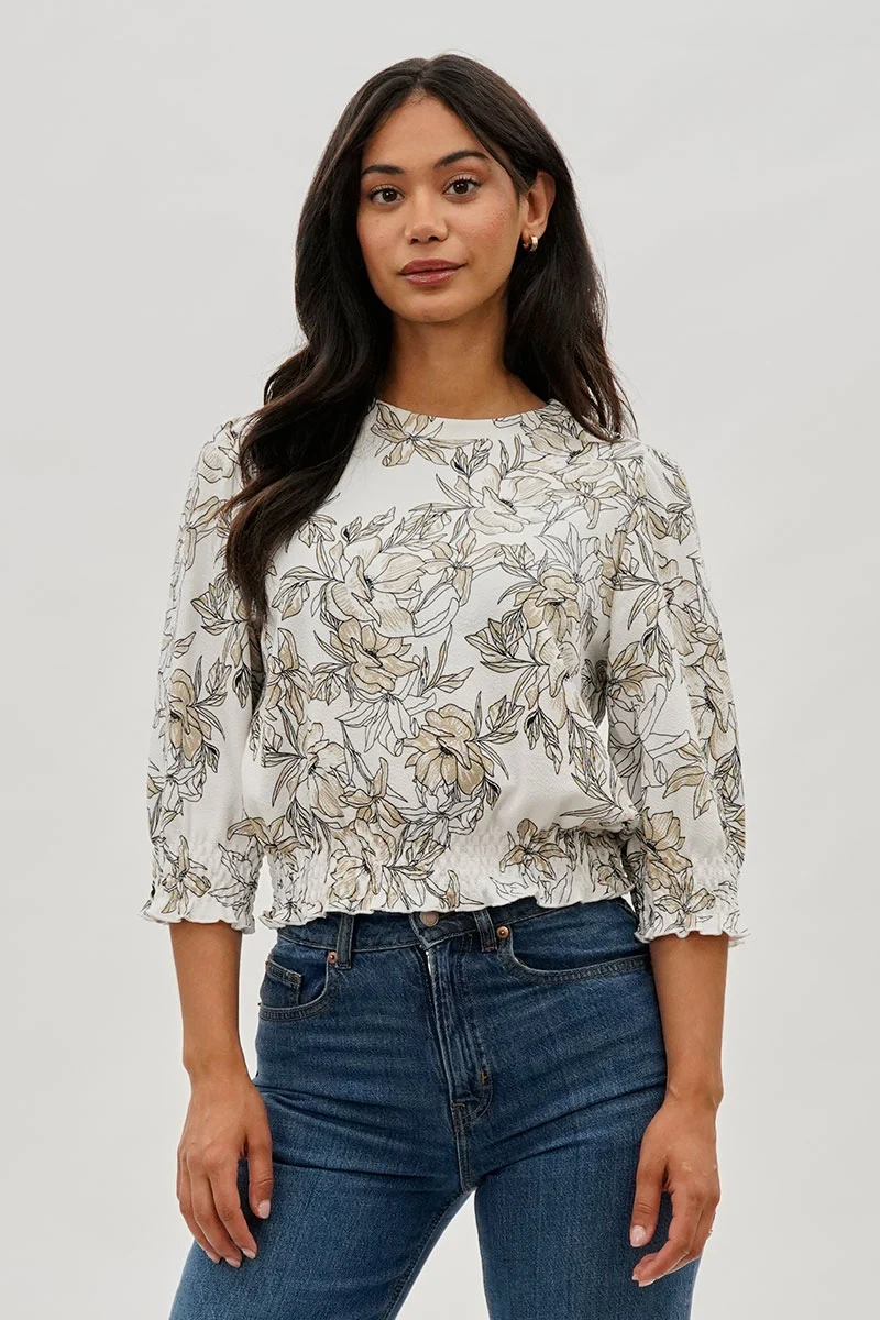 Floral Smocked Hem Blouse - White
