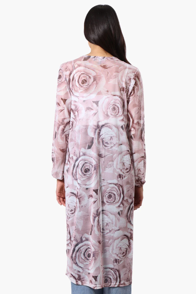 Floral Long Sleeve Sheer Duster Cardigan - Pink - Image 3