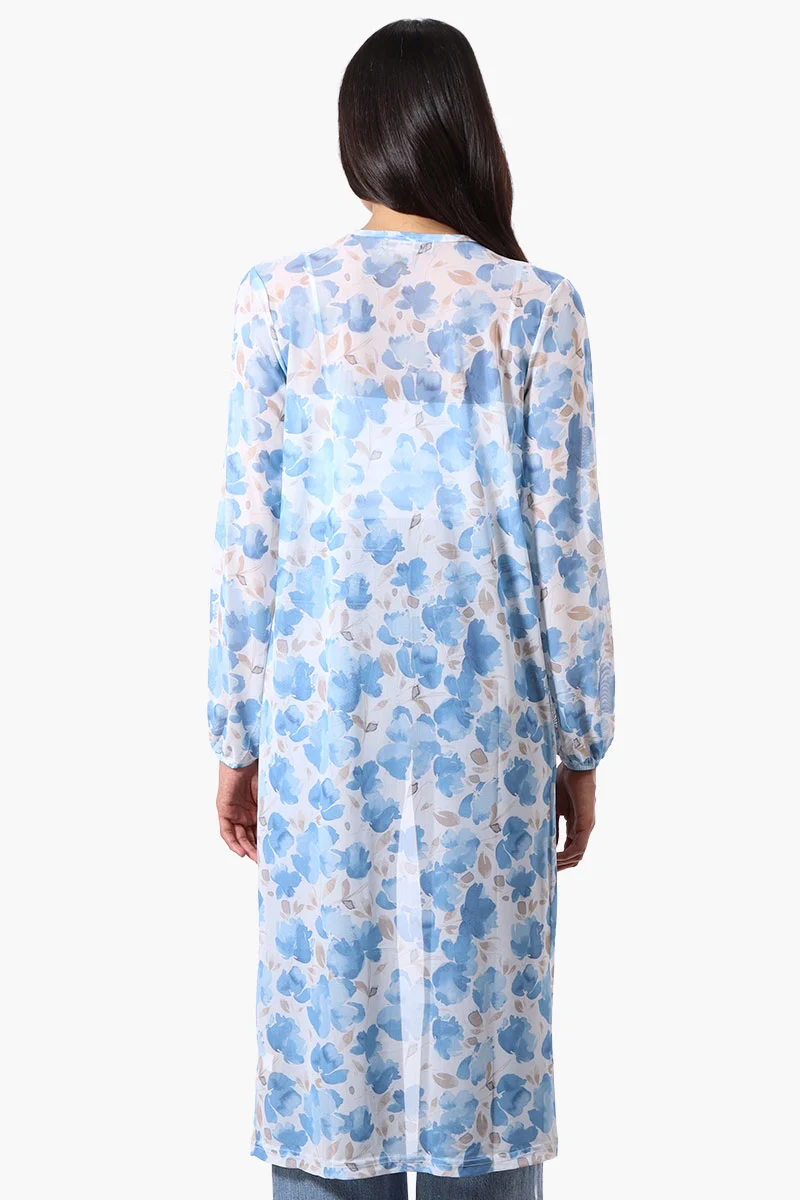 Floral Long Sleeve Sheer Duster Cardigan - Blue - Image 3