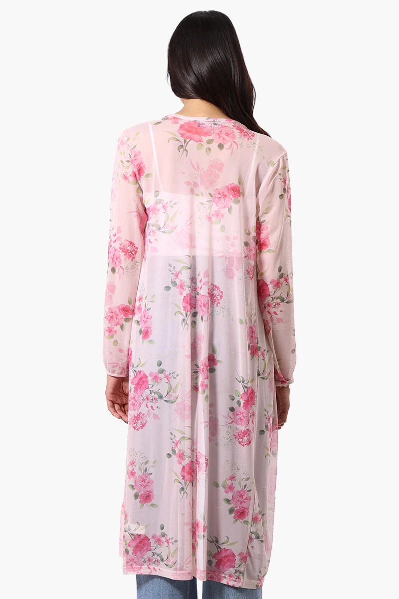 Floral Long Sleeve Sheer Duster Cardigan - Pink - Image 3