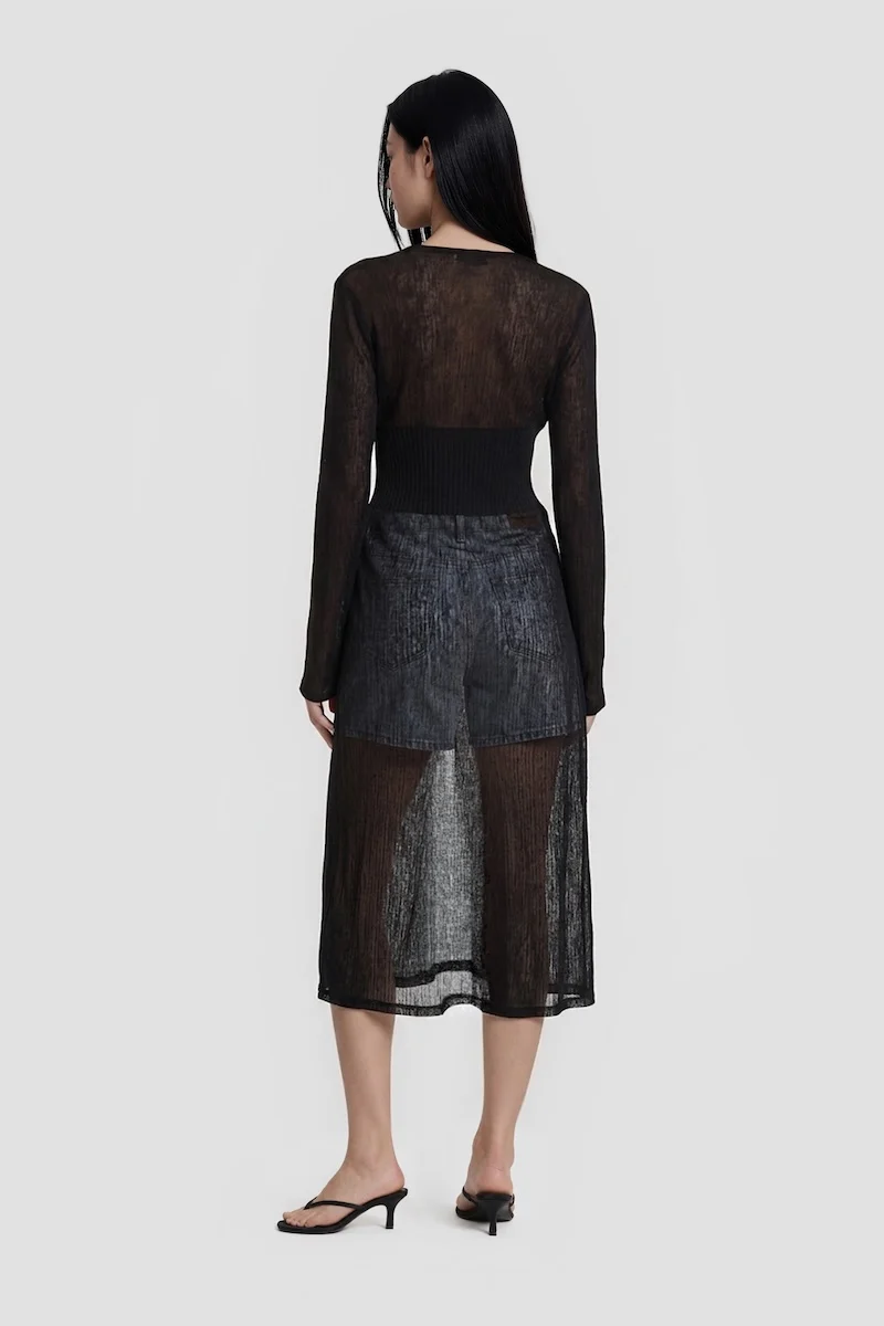 Long Sleeve Open Mesh Cardigan - Black - Image 2