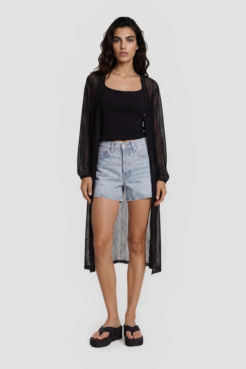 Long Sleeve Open Mesh Cardigan - Black