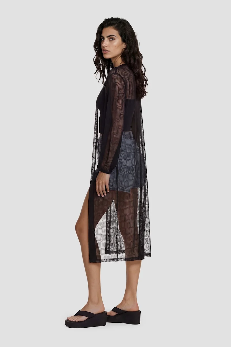 Long Sleeve Open Mesh Cardigan - Black - Image 2