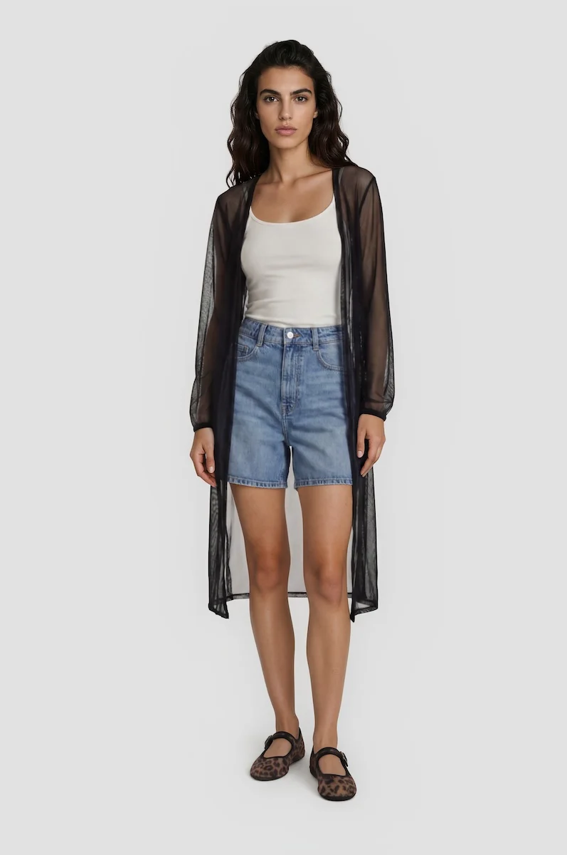 Long Sleeve Mesh Duster - Black