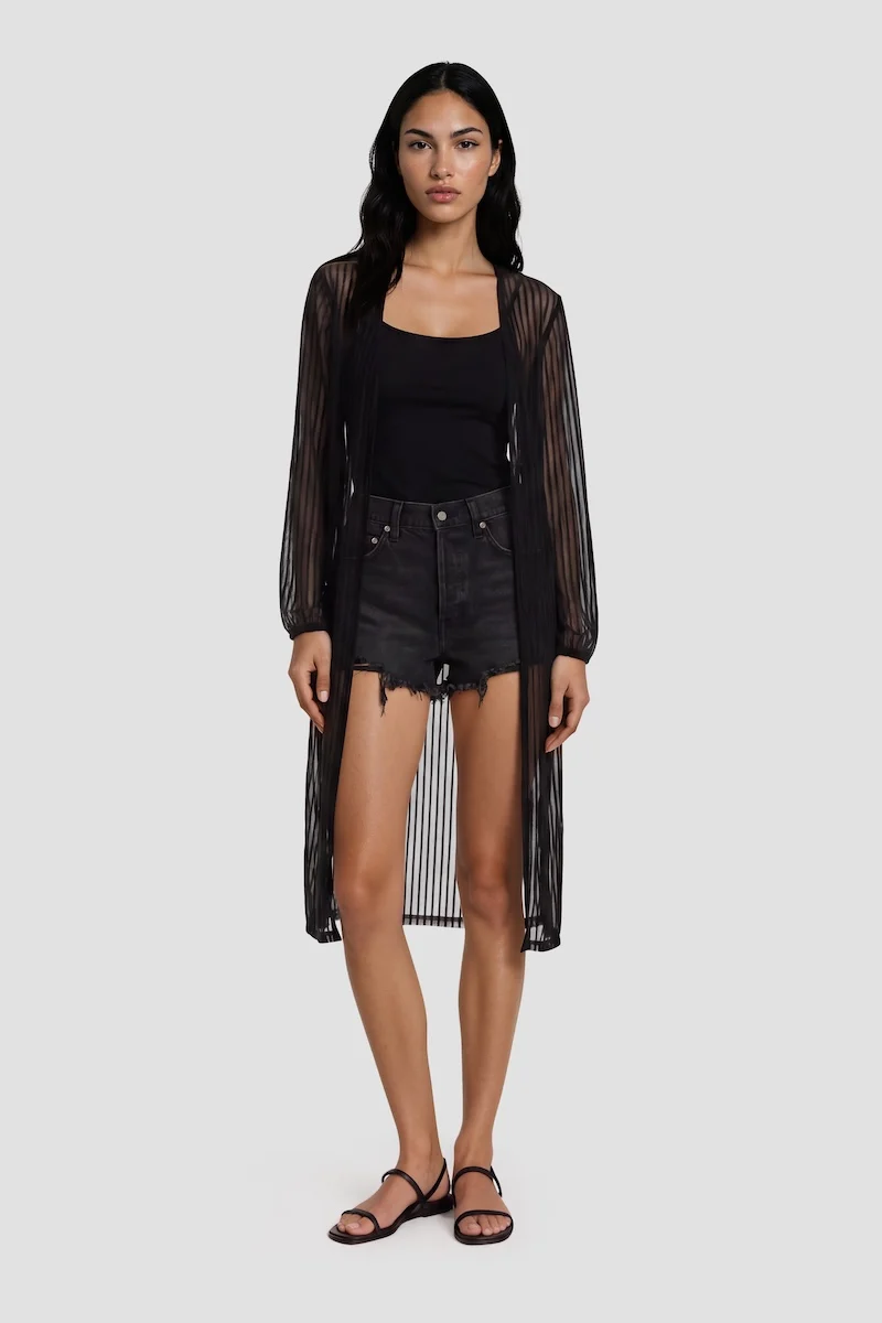 Long Sleeve Open Mesh Cardigan - Black