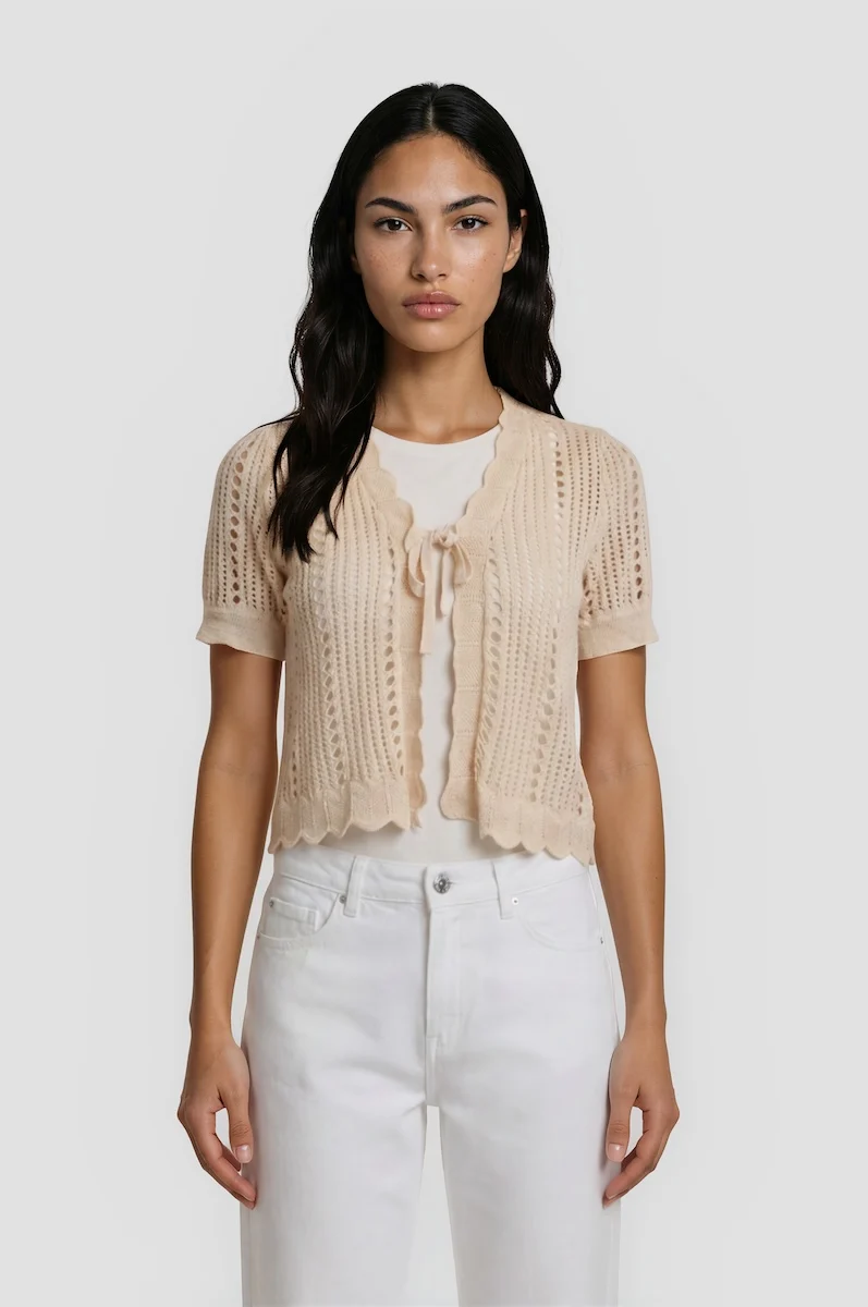 Short Sleeve Front Tie Shrug - Beige