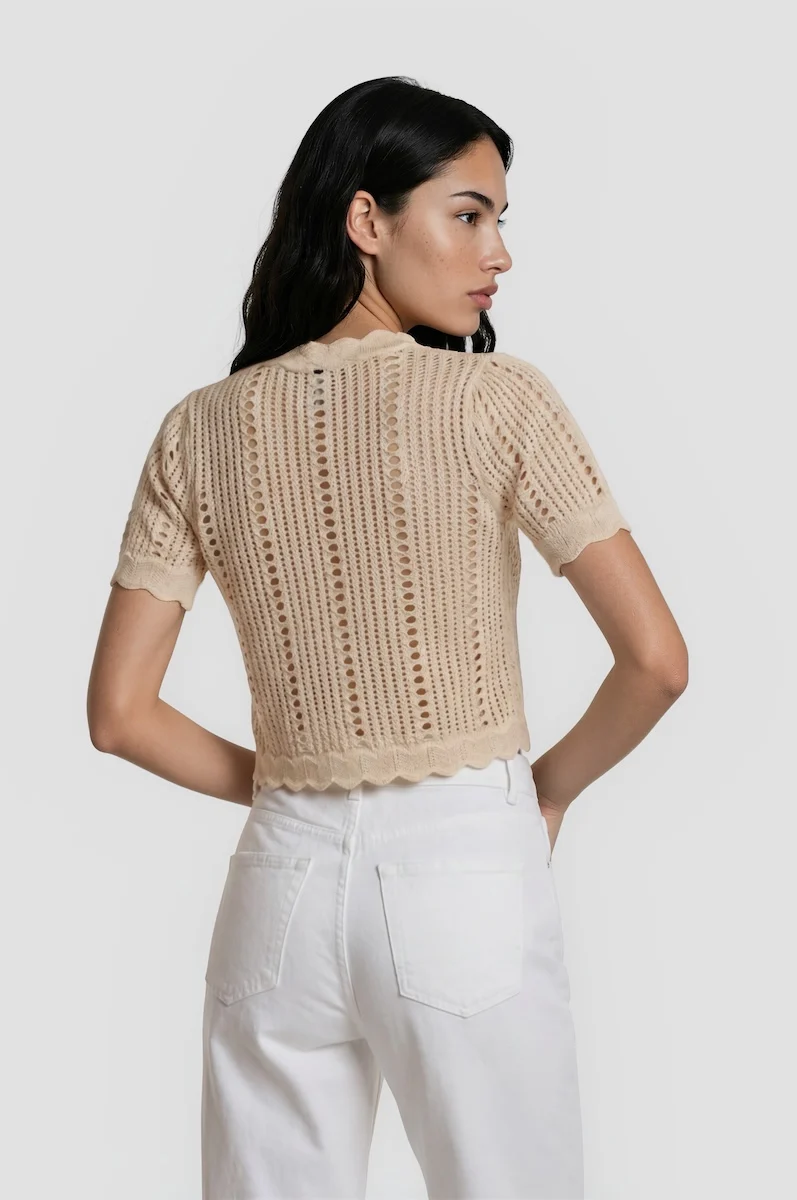 Short Sleeve Front Tie Shrug - Beige - Image 2
